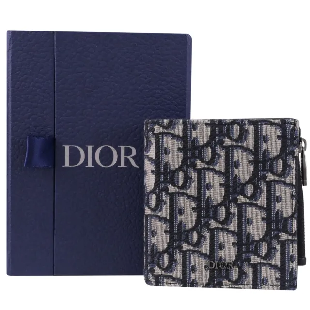 【Dior 迪奧】Christian Dior Oblique 品牌緹花款對折零錢短夾(深藍)