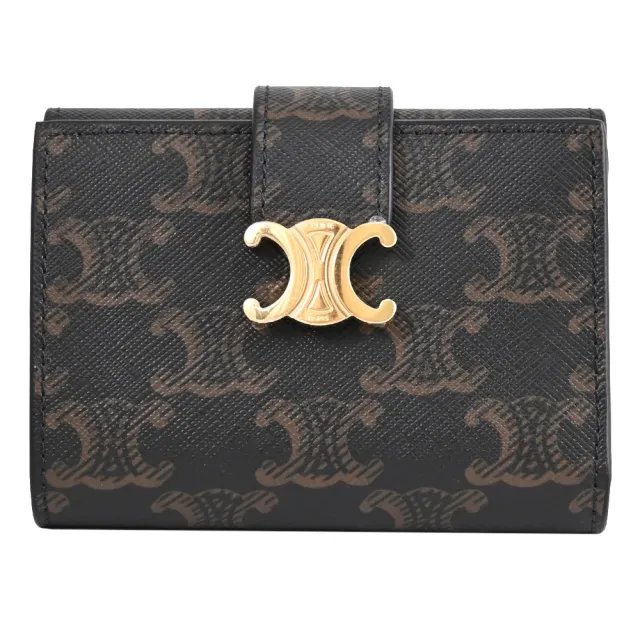 【CELINE】Triomphe Canvas 金屬LOGO印花拼接扣式三折零錢短夾(深咖)
