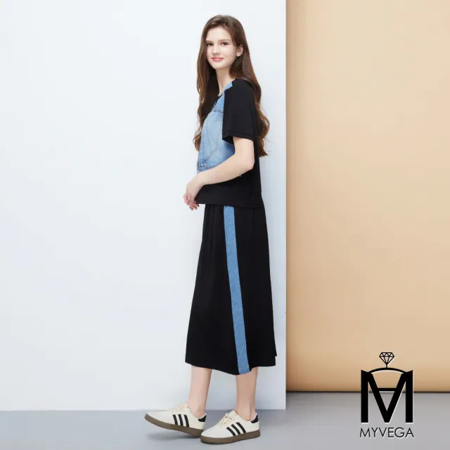 【MYVEGA 麥雪爾】MA真兩件拼接牛仔背心長裙套裝-黑(日系/女上衣/涼感/短袖)