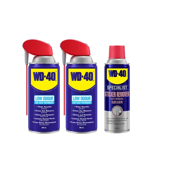 【WD-40】低油味 多功能除銹潤滑劑2入組 附專利型活動噴嘴 300ml + SPECIALIST 黏膠去除劑
