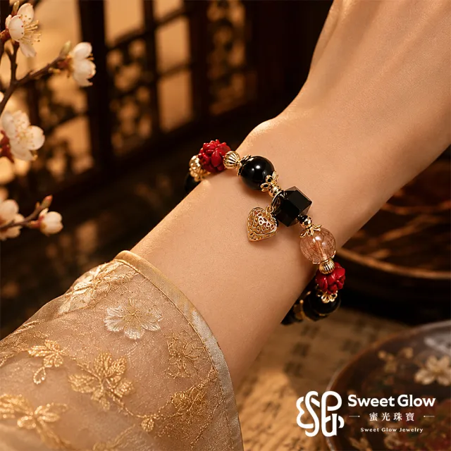 【蜜光珠寶】暗夜心動紅玫瑰｜設計款黑瑪瑙紅銅髮硃砂手鍊(原赫本珠寶)