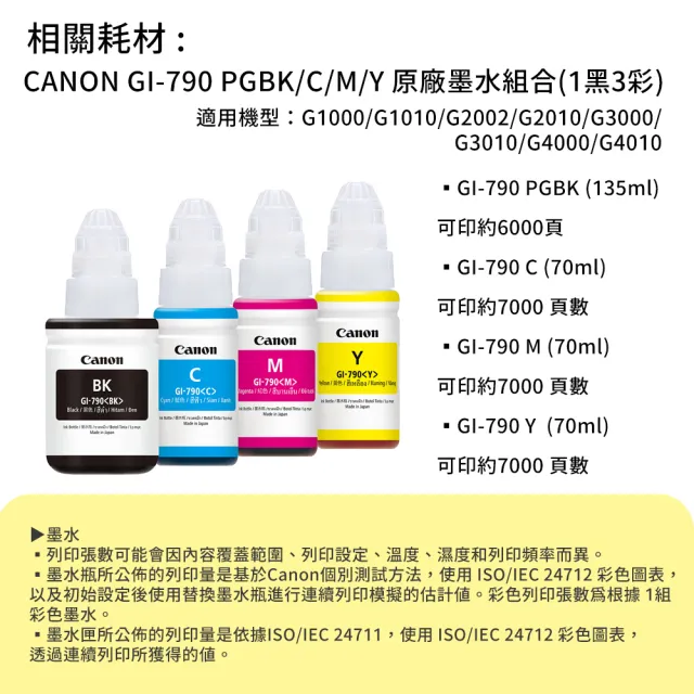 【Canon】官方直營 搭1黑墨水★PIXMA G1010 單功能連續供墨印表機(列印/滿版列印A4/耗材:GI-790BK/C/M/Y)