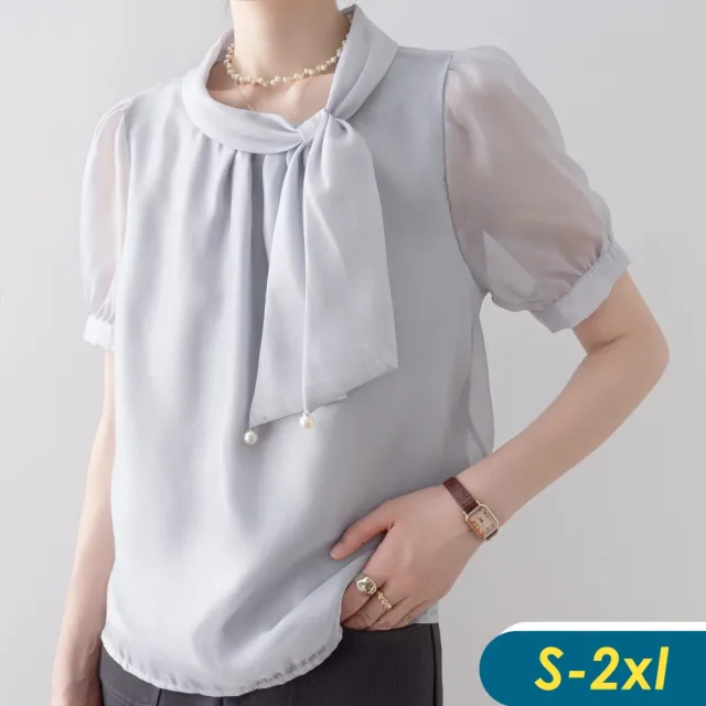 【CHACO】/預購/女夏 霧灰色法式蝴蝶綁帶領透膚短袖上衣襯衫#2965(上衣 襯衫 短袖 女 夏 OL)