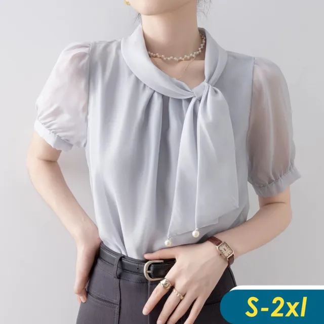 【CHACO】/預購/女夏 霧灰色法式蝴蝶綁帶領透膚短袖上衣襯衫#2965(上衣 襯衫 短袖 女 夏 OL)