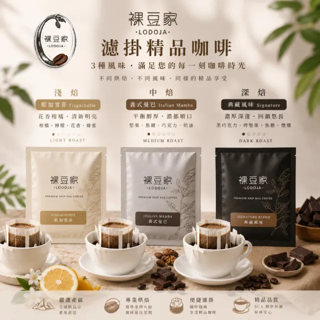 【LODOJA 裸豆家】精品濾掛咖啡50入嚐鮮3種風味聖誕禮盒(10g-12g/包 新鮮烘培 淺培 中培 深烘培)