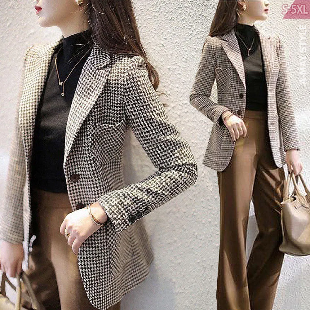 【Amay Style 艾美時尚】中大尺碼女裝 外套 千鳥格紋毛呢修身西裝外套。S-5XL(千鳥格.預購)