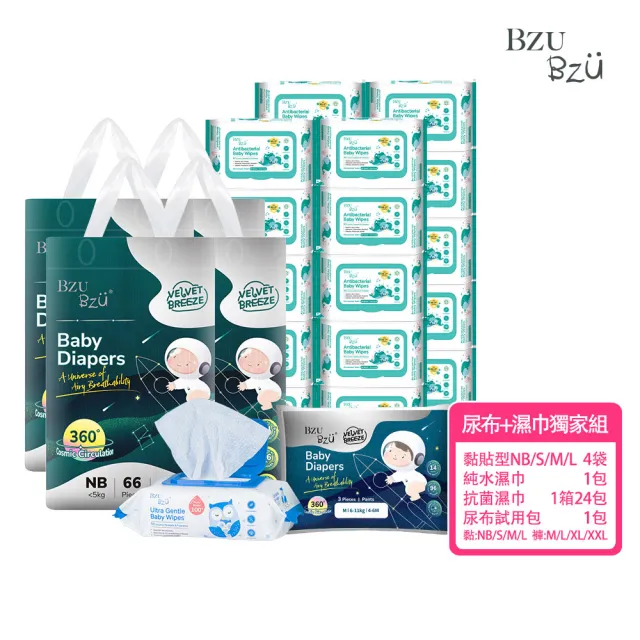 【BZU BZU】絲柔乾爽紙尿褲/尿布+濕巾獨家組(尿布*4袋+濕紙巾*24包/箱+尿布-3片裝*1)送禮首選