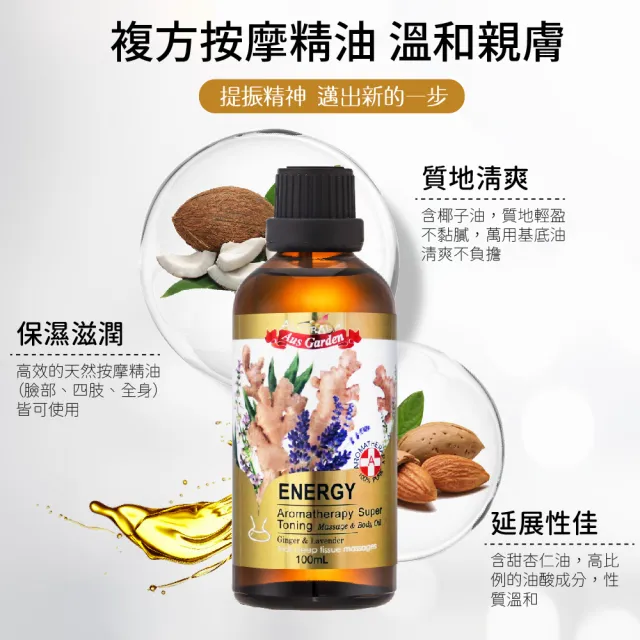 【Ausgarden 澳維花園】生薑活絡複方精油組100mlX2贈3D按摩滾輪(黃金比例植萃配方 提供正能量)禮物
