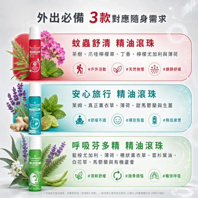 【Puressentiel 璞萃】複方精油滾珠瓶  5ml 2入組(多款任選 複方精油 防蚊/呼吸/頭等暢/安心旅行)