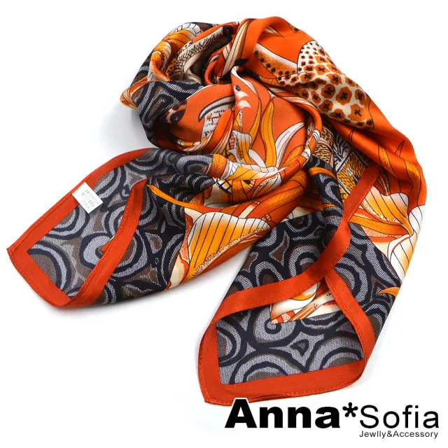 【AnnaSofia】100%桑蠶絲真絲絲巾領巾圍巾-方型 亮緞面(熱帶神祕叢林-橘紅系)