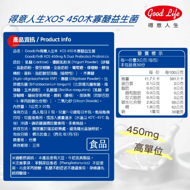 【得意人生】XOS 450mg 木寡醣益生菌3g一入組 (共30包 雙益生元配方 比菲德氏菌 乳酸菌 凝結芽孢桿菌)