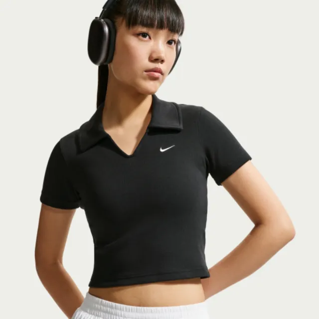 【NIKE 耐吉】短袖上衣 女 短版翻領衫 AS W NSW ESSNTL SS POLO CRP TO 黑 IO2730-010
