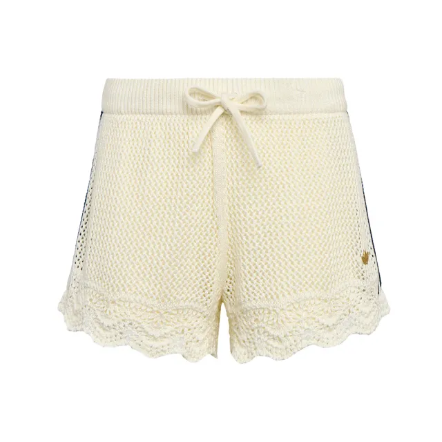 【adidas 愛迪達】Resort Shorts W 女款 米白色 抽繩 針織 雙層 花邊 休閒 短褲 KX0723