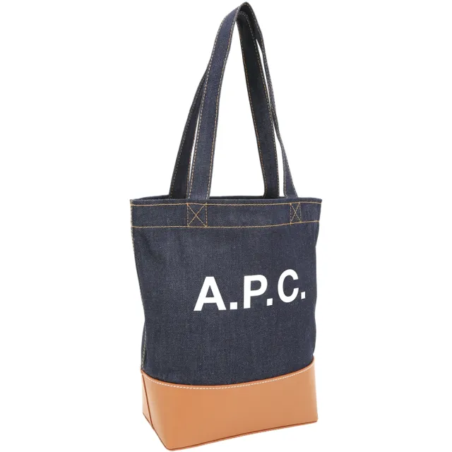 【A.P.C.】Axel 字母印花日本丹寧布拼牛皮手提 肩背托特包(深藍色 法國精品)