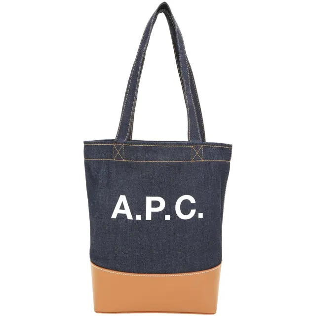 【A.P.C.】Axel 字母印花日本丹寧布拼牛皮手提 肩背托特包(深藍色 法國精品)