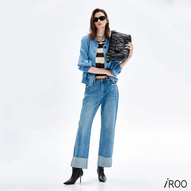 【iROO】褲口大反摺牛仔直筒褲