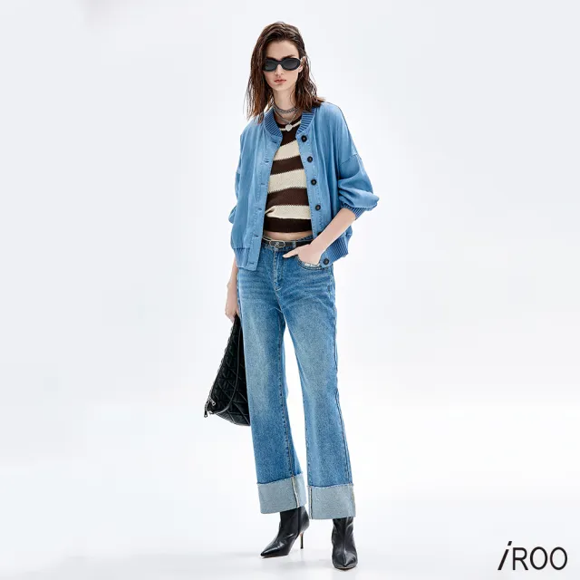 【iROO】褲口大反摺牛仔直筒褲