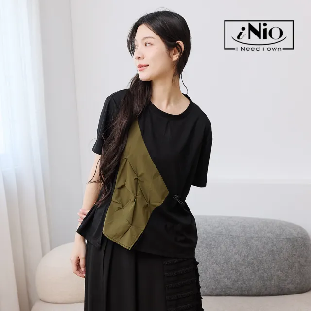 【iNio 衣著美學】單側壓褶拼接短袖上衣 女短袖上衣 不對稱上衣 腰間抽繩上衣 設計感棉T  CHW1085