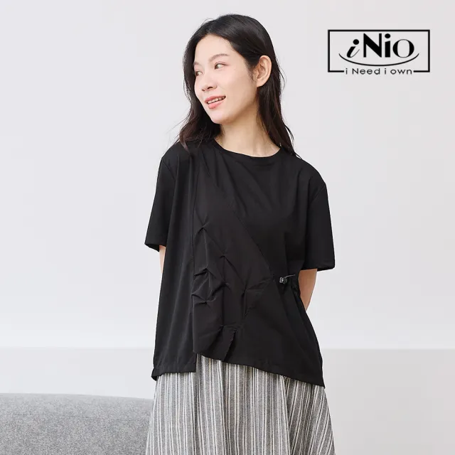 【iNio 衣著美學】單側壓褶拼接短袖上衣 女短袖上衣 不對稱上衣 腰間抽繩上衣 設計感棉T  CHW1085