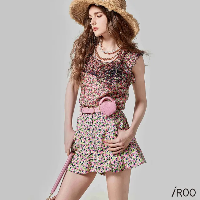 【iROO】花菱草印花荷葉短褲裙