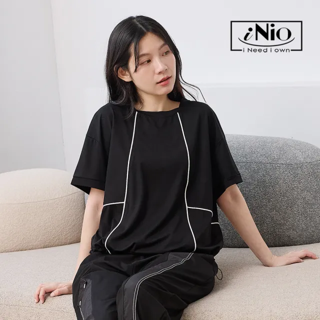 【iNio 衣著美學】撞色縫線滾邊抽繩短袖上衣 女短袖上衣 對稱拼接上衣 抽繩下襬上衣 落肩圓領棉T  CHW1087