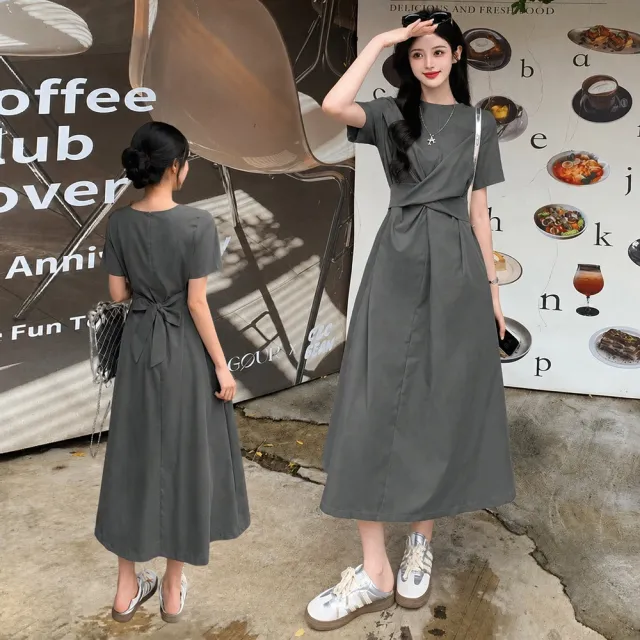 【AS 梨卡】女裝 洋裝 長裙 連身長裙 交叉綁帶 短袖連身裙 夏天洋裝 設計感長裙 韓系 HZ279
