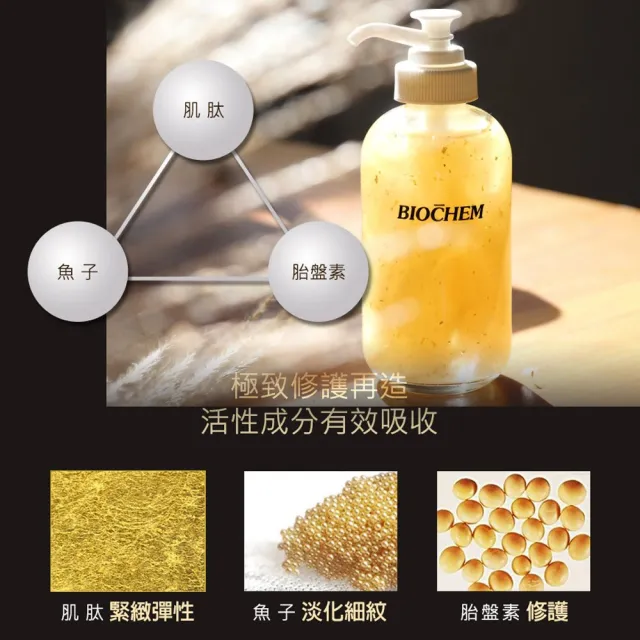 【雅聞倍優BIOCHEM】升級版 黃金胎盤極緻金露120ml+蝸牛修護潤澤面膜5片(精華液/修護面膜)