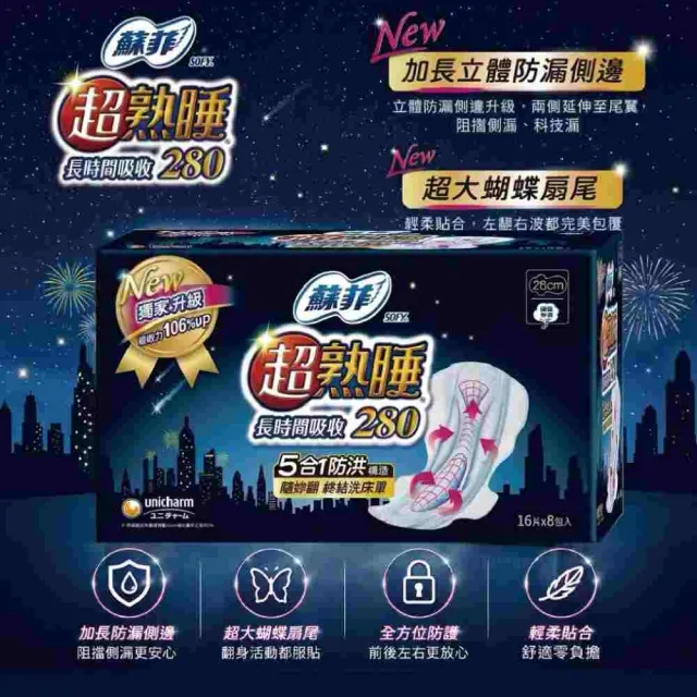 Sofy 蘇菲 28cm (16片x8入)超熟睡長時間吸收夜用衛生棉