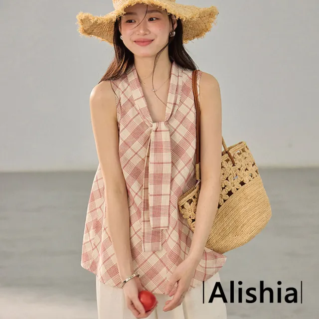 【Alishia】清新甜美質感撞色格紋V領綁帶無袖上衣 背心 S-M(紅杏格紋)