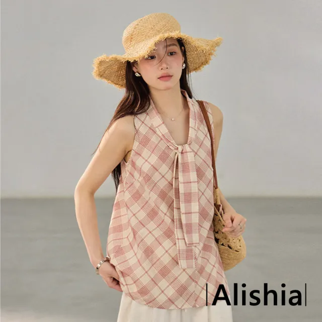【Alishia】清新甜美質感撞色格紋V領綁帶無袖上衣 背心 S-M(紅杏格紋)