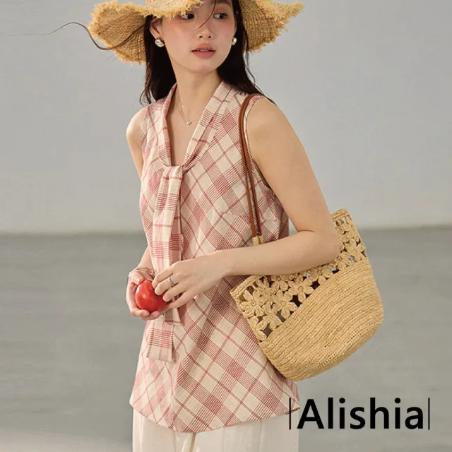 【Alishia】清新甜美質感撞色格紋V領綁帶無袖上衣 背心 S-M(紅杏格紋)