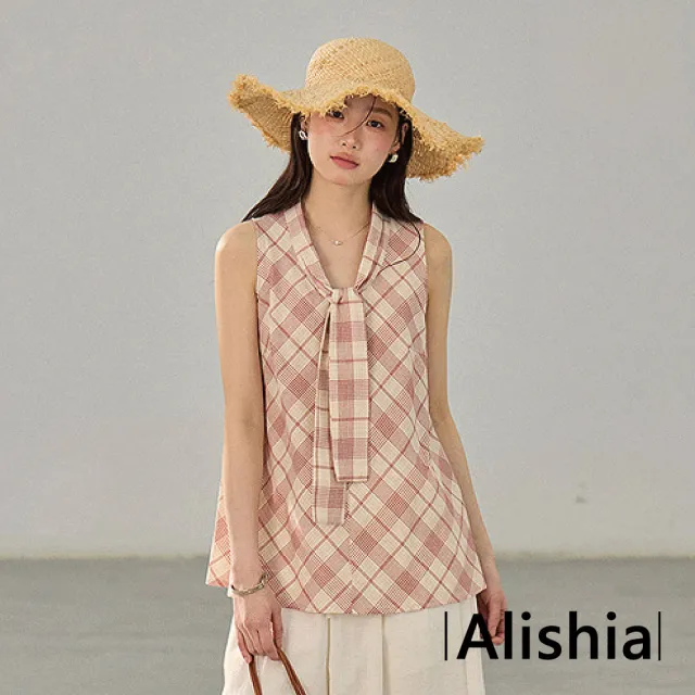 【Alishia】清新甜美質感撞色格紋V領綁帶無袖上衣 背心 S-M(紅杏格紋)