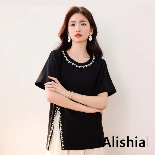 【Alishia】簡約舒適質感開衩珍珠圓領寬鬆上衣 S-L(黑色)