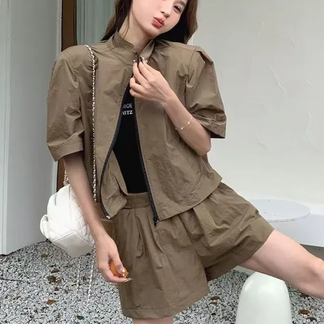 【AS 梨卡】女裝 套裝 外套 短褲 薄長袖 復古短褲 工裝套裝 夏天短褲 顯瘦套裝 HZ187