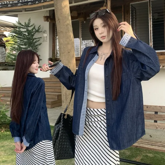 【AS 梨卡】女裝 襯衫 長袖 薄外套 復古牛仔 牛仔格子襯衫 寬鬆外套 撞色襯衫 袖口拼接HZ083