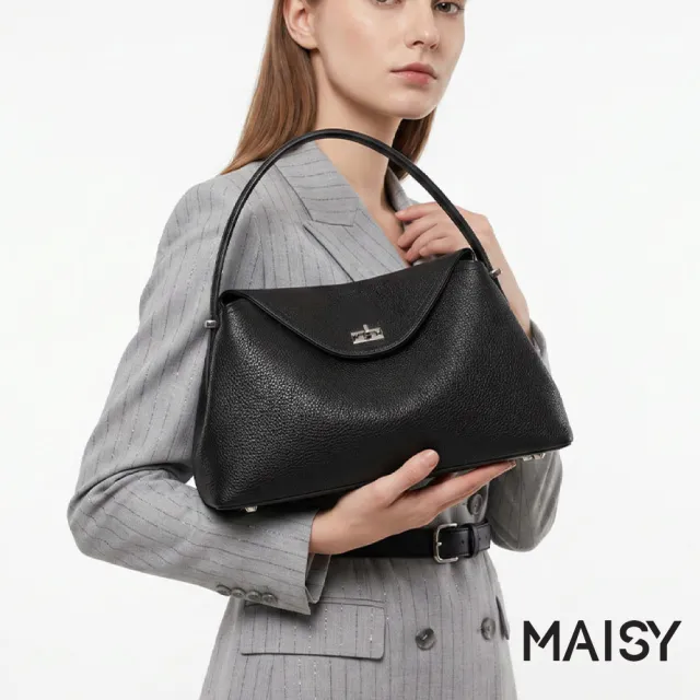 【MAISY】時尚簡約質感荔枝紋鎖扣單肩包 手提包 斜跨包(米白色 / 黃棕色 / 酒紅色 / 黑色)