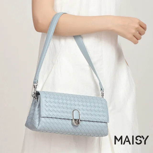 【MAISY】時尚簡約啞光質感銀扣編織小方包 手提包 斜跨包(航線藍 / 洞石綠 / 巧克力 / 黑色)