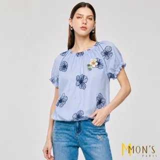【MON’S】藍白細條花朵上衣(直)