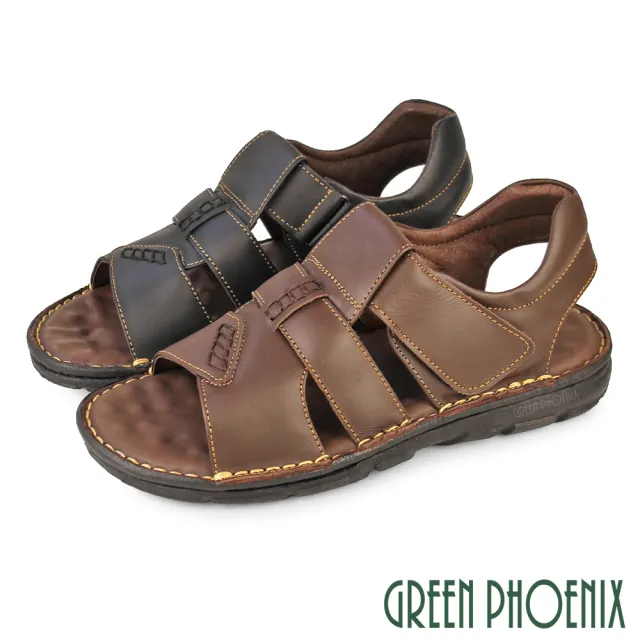 【GREEN PHOENIX 波兒德】男 涼鞋 休閒涼鞋 真皮 吸震減壓 手縫大底 台灣製(咖啡、黑色)