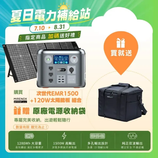 【emirai】次世代行動電站1500W+120W太陽能板組-太空灰EMR1500(戶外防災露營儲能電站/安全耐用磷酸鐵鋰)