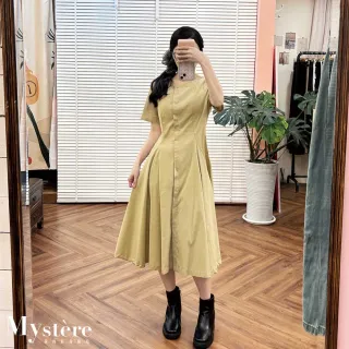 【my stere 我的時尚秘境】縮腰打褶傘擺連身裙 兩色可選 基本款洋裝 純棉洋裝 工裝連身裙