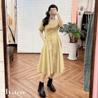 【my stere 我的時尚秘境】縮腰打褶傘擺連身裙 兩色可選 基本款洋裝 純棉洋裝 工裝連身裙