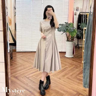 【my stere 我的時尚秘境】縮腰打褶傘擺連身裙 兩色可選 基本款洋裝 純棉洋裝 工裝連身裙