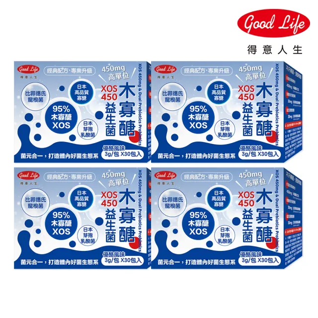 【得意人生】XOS 450mg 木寡醣益生菌3g四入組 (共120包 雙益生元配方 比菲德氏菌 乳酸菌 凝結芽孢桿菌)