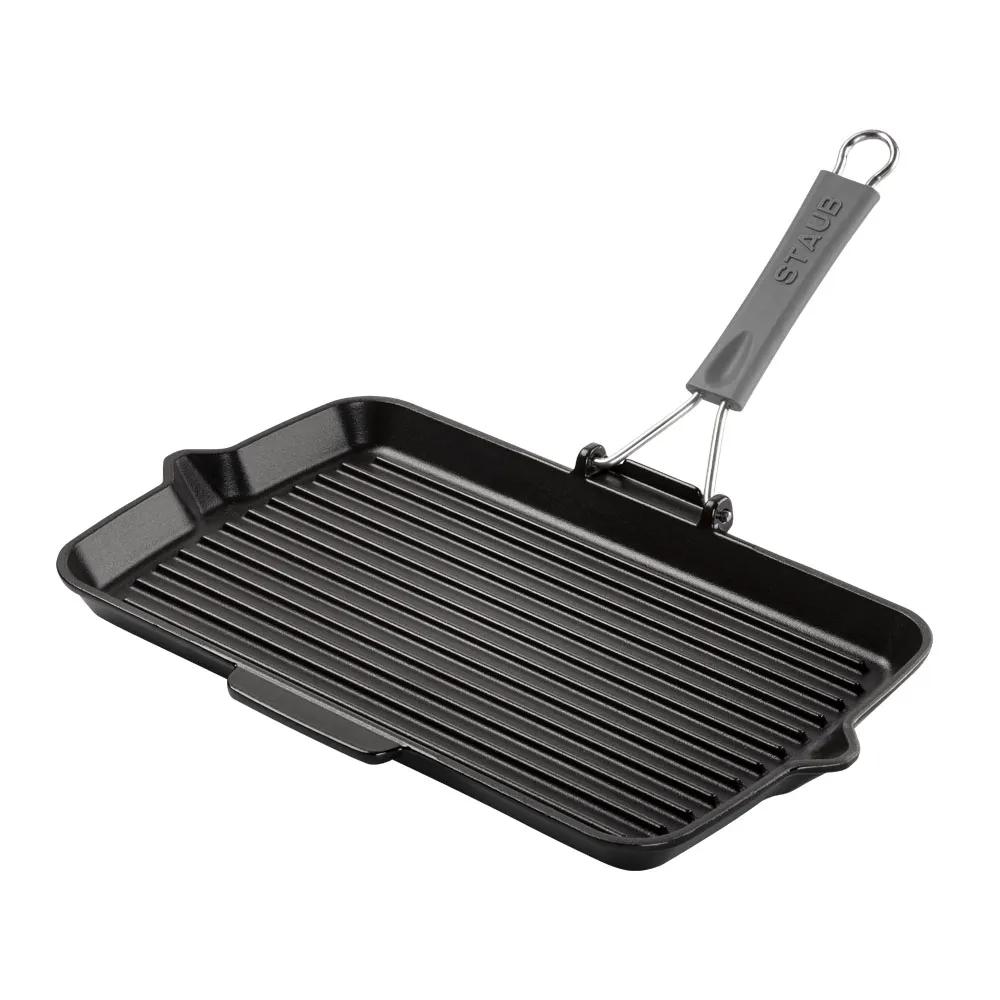 【STAUB】戶外摺疊式手柄長形琺瑯鑄鐵煎烤盤34x21cm-黑色(德國雙人牌集團官方直營)