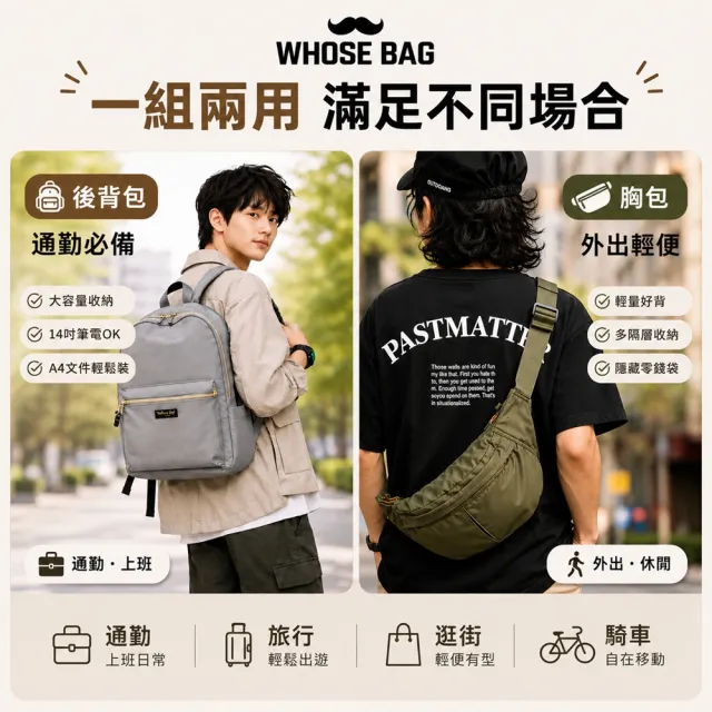 【WHOSE BAG】雙11 日系25L防潑水後背包+機能胸包超值組 10格收納 14吋筆電 通勤旅行男女適用 買