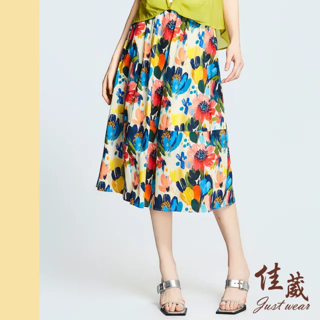 【Just Wear 佳葳】繽紛花卉棉質裙(女下身/女下著/裙子/腰頭彈性/淑女/氣質)