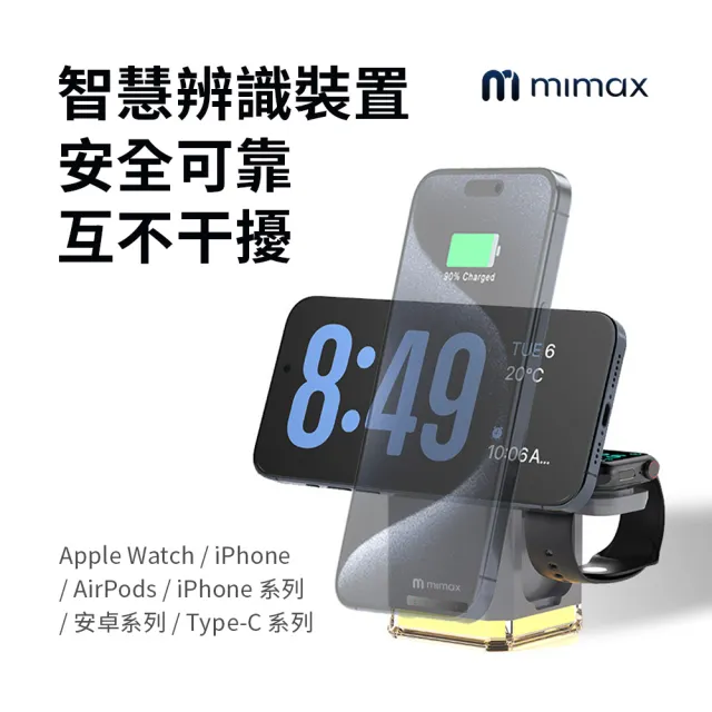 【mimax 米覓】Y030 3合1智慧無線充電器(iPhone/Airpods/Apple Watch 桌上型 充電盤 Magsafe)