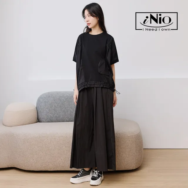 【iNio 衣著美學】抓皺A字鬆緊腰寬褲裙 女寬褲裙 A字褲裙 顯瘦垂墜寬褲 鬆緊腰長褲裙  CHW2059