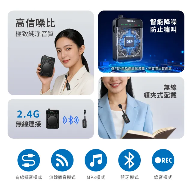 【Philips 飛利浦】無線領夾麥克風 教學擴音機 藍牙擴音 小蜜蜂 腰掛/肩背(DLM3551CB)